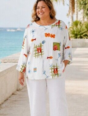 Hot Cotton Woman Marc Ware LINEN Cotton VACATION Beach Tunic Top Blouse Size 2X